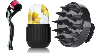 RUGY 3-in-1 Derma Roller, Face Ice Roller & Scalp Massager Set � Microneedling Tool hair combo(Black)