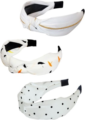 fabula Combo of 3 White & Gold Satin Silk Printed Polka Dots Knotted Hair Band Hair Band(White, Gold, Black)