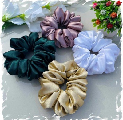 IndusArt Luxury satin Silk XL Scrunchie Collection Pack of Four Rubber Band(Gold, Pink, Green, White)