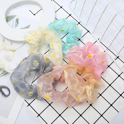 Rubela Handmade Daisy Print Hair Rope Elastic Scrunchies Net Fabric Scrunchies 12 pack Rubber Band(Multicolor)