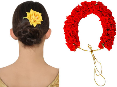 PSYCHFLORE RED ROSE GAJRA WITH YELLOW ROSE PIN SET OF 2 PC-T Hair Accessory Set(Multicolor)