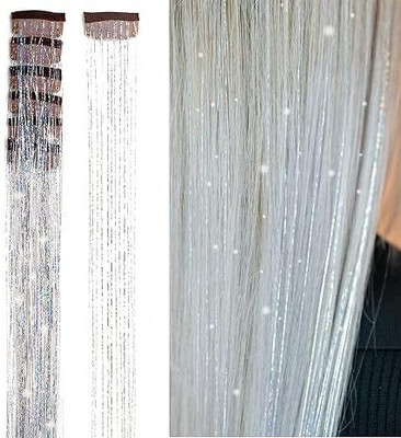 D-DIVINE 2pcs Clip in  Tinsel Extensions Highlights for  24 Inch (Silver) Hair Extension