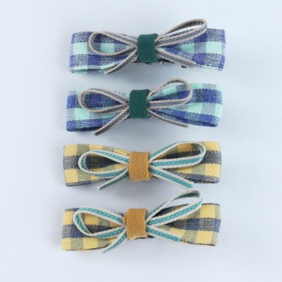 Asthetika Kids Chequered Fabric Bow Hair Clips - Set of 4 - Green Yellow Hair Clip(Green, Yellow)