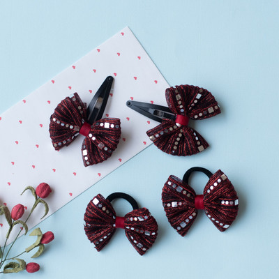 RibbonCandy 1 Pair shiny bow tic-tac pins, and 1 pair matching bow rubberbands - Maroon hair combo(Maroon)