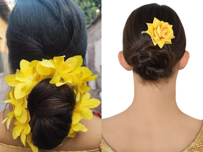 PSYCHFLORE YELLOW ORCHID WITH YELLOW ROSE PIN SET OF 2PC-T Hair Accessory Set(Yellow)