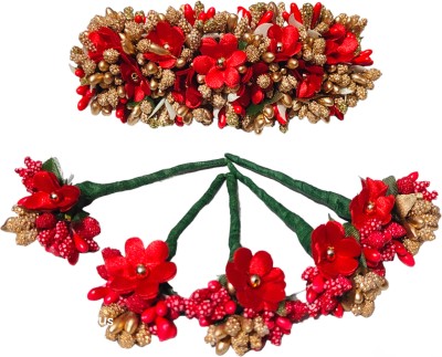 AGASTHIYAR TRADERS VJP Red tiny flower Gajra 1 Veni pins 5 Hair Accessory Set(Red)