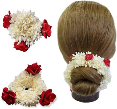 starvis 2Pcs Hair Red Rose White Mogra Artifical Scented Rubber Band Gajra for women Rubber Band(White)