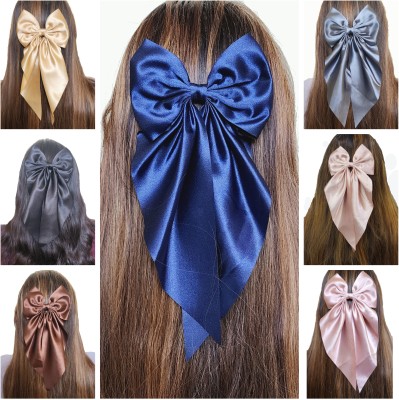 Rhosyn Big Satin Layer Bowknot Snap Long Ribbon Hairclip For Women & Girls (Pack of 7) Hair Clip(Beige, Black, Brown, Blue, Grey, Pink, Orange)