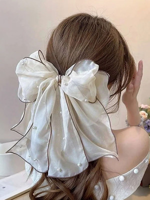 EvoNest Large Pearl Organza Bow Clip - Sheer Ribbon for Weddings & Parties Hair Band(White)