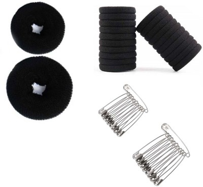 Sharum Crafts 2 Hair Donut, 20Pc Black Hair Band & 24 Steel Safety Pin Hair Accessory Set(Black)