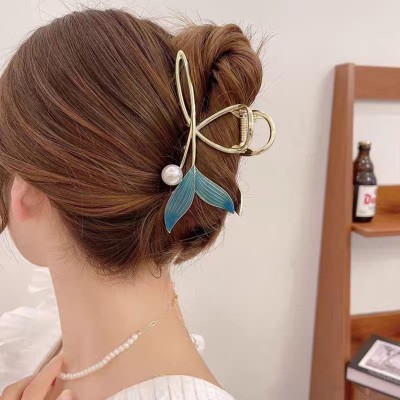 Diversa Fish Tail Claw Clip, Korean Aqua Blue Clutcher, Fancy Metal Clutcher for Women, Hair Claw(Blue, Gold)