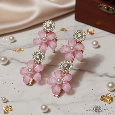 Alvero 2Pc Elegant Floral Crystal & Pearl Hair Clips for Women, Shining Gold-Tone Hair Pin(Pink)