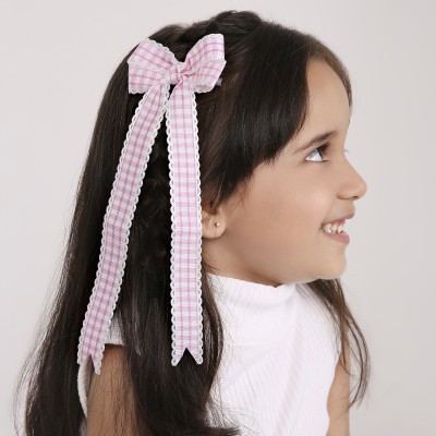 Arendelle Baby Pink & White Checks Ribbon Long Tail Hair Bow For Girls Hair Clip(Pink)