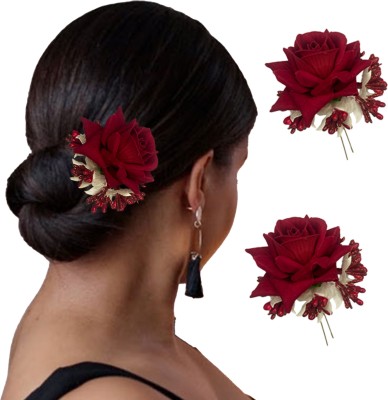 Temperia 2pcs Hair Accessories For Women & Girls Rose Artificial Flowers Bun Juda U Pins Hair Pin(Red)
