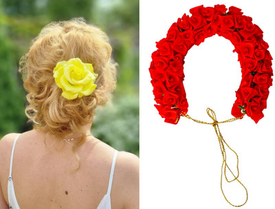 PSYCHFLORE RED ROSE GAJRA WITH YELLOW ROSE PIN SET OF 2 PC-T1 Hair Accessory Set(Multicolor)