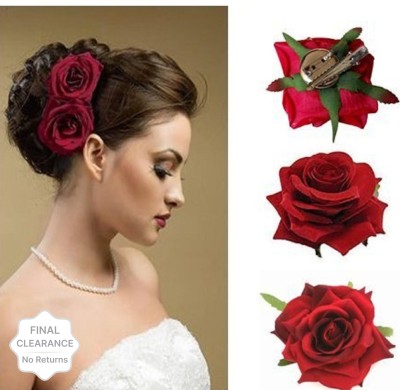 Rubela Red Velvet Vintage Rose Flower Brooch Pin For Wedding Party Hair Clip (Red) Hair Accessory Set(Red)
