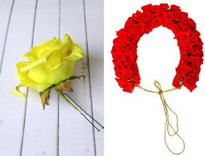 PSYCHFLORE RED ROSE GAJRA WITH YELLOW ROSE PIN SET OF 2 PC-R3 Hair Accessory Set(Multicolor)