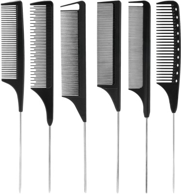 Beaute Secrets 6 Piece Comb Set Black Carbon Fiber And Stainless Steel Pintail Chemical And Heat Resistant Teasing Comb Lightweight Rat Tail Comb For All Hair Types