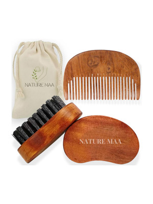 Nature Maa Men Beard Brush and Neem Comb Set Detangling Exfoliate Growth Everyday Styling