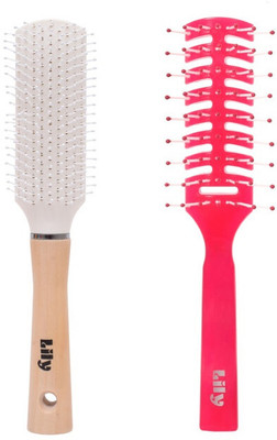 LILY Rectangular Padded and Vented Hair Brush Combo - White, Red