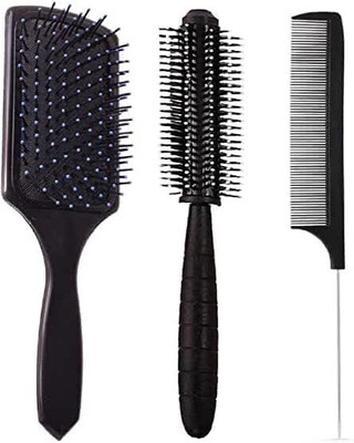 Glowrx pack of 3-Rectangular Cushion Brush, Round Drying Roller Brush & Sectioning comb