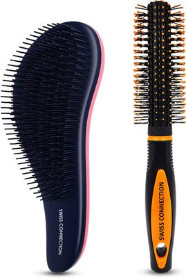 Swiss Connection Roller Brush with 1pc Detangling Brush, Paddle Brush Pack of 2