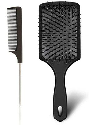Glowrx Professional Hair Paddle Rectangular Cushion Brush & Black Carbon Section comb