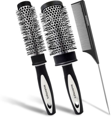 MAJESTIQUE Ceramic Ion Round Brush with tail comb Perfect for Blow Drying and Curling 3PC