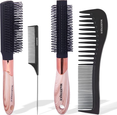 MAJESTIQUE Hair Brush Set 4-Piece Collection - Flat, Round, Tail Comb & Wide Tooth Comb