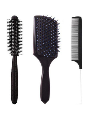 SANDIP pack of 3 hair brush-Rectangular Cushion Brush(1) & round Blow Drying Roller Hair Brush(1) & Black Carbon Rat tail , Sectioning comb with Steel Handle with Non-skid Paddle for hair styling (1)