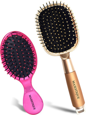 MAJESTIQUE Paddle & Mini Hair Brush Set for Detangling, Soft Nylon Bristles-2Pcs