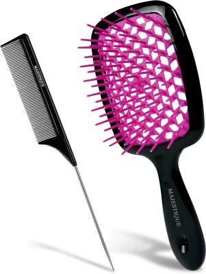 MAJESTIQUE Paddle Vent Hair Brush with Tail Comb, Soft Tipped Bristle- 2Pcs/Color May Vary