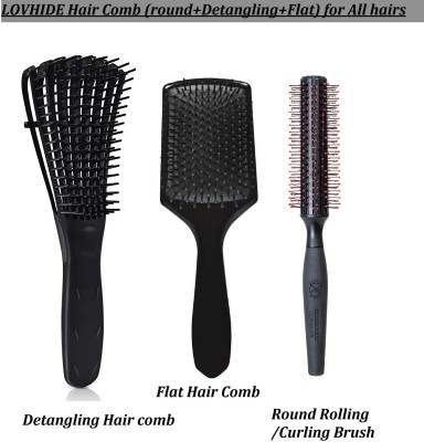 FIRST BEAUTY 3pc Comb Set Detangling Hairbrush + Flat + Round Hair Comb/Brush For Curly Hairs