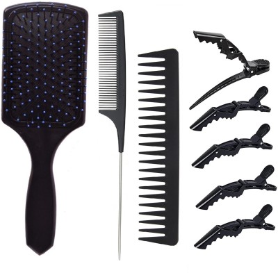 E-DUNIA 8 Pieces Cushion Nylon Bristle Set, Include 1 Piece Classic Square Paddle Styling Brush, 1 Piece Rat Tail Comb, 1 Wide Teeth Brush, 5 Pieces Sectioning Alligator Hair Clip for Hair Salon Styling