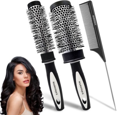 MAJESTIQUE Blow Dry Hair Roller Brush & Tail Comb, Blowout Styling, Aluminum Barrel - 3Pcs
