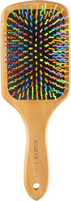 ROZIA Pro Natural Rainbow Bamboo Paddle Hair Comb Brush with Colorful Nylon Pins