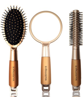 MAJESTIQUE Hair Brush 3Pcs Set, Detangling Hairbrush, Roller Hair Brush and Handle Mirror