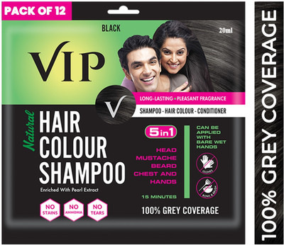 VIP HAIR COLOUR SHAMPOO 20ml Black for Men & Women | PACK of 12 , Black
