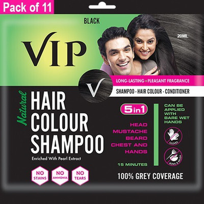 VIP Natural Hair Colour Shampoo, 20ml(Pack of 11)|Ammonia-Free|Unisex , Black