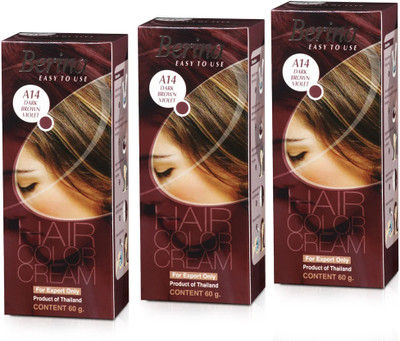 Berina Professional Hair Color Cream with Developer | A14 - Dark Brown Violet Pack of 3 , Dark Brown Violet