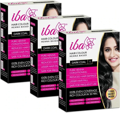 Iba Henna Based Hair Colour For Women, Long Lasting & Ammonia-Free 3 x 70g (210g) , Dark Coal