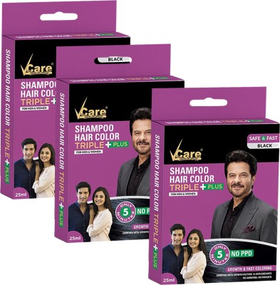 Vcare Shampoo Hair Color Black (25ml) Colours Hair in Minutes Ammonia Free (Pack of 3) , Black