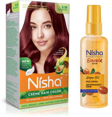 Nisha Creme Hair Colour Burgundy 120g & EverSilk Argan Serum 100g , Burgundy