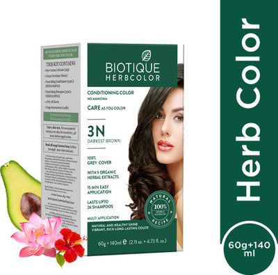 BIOTIQUE Herbcolor Natural Conditioning | 100% Grey Coverage-3N Darkest Brown Hair Colour , Darkest Brown