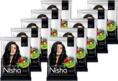 Nisha Natural henna based hair color 10 gm each Sachet (Pack of 10) Permanent Natural Black , Natural Black