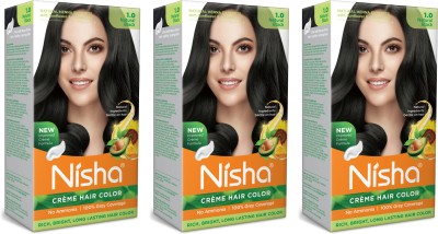 Nisha cream permanent hair color superior quality no ammonia cream formula permanent Fashion Highlights and rich bright long-lasting colour Natural Black (pack of 3) , NATURAL BLACK 1