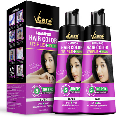 Vcare Hair Color Shampoo For Men & Women 180ml Black With Natural Extracts (Pack of 2) , Black