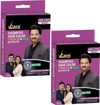 Vcare Shampoo Hair Color Black (25ml) Colours Hair in Minutes Ammonia Free (Pack of 2) , Black