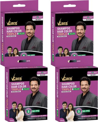 Vcare Shampoo Hair Color Black (25ml) Colours Hair in Minutes Ammonia Free (Pack of 4) , Black