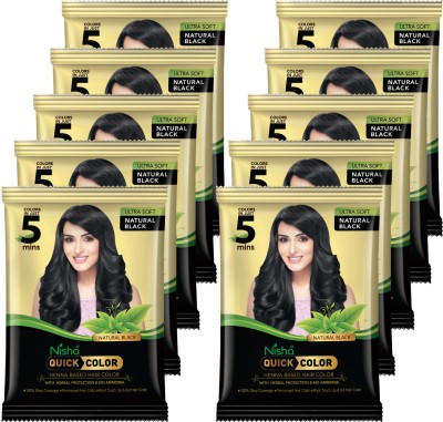 Nisha 5 min Quick Hair Color Henna Based Herbal Protection 10 gm (Pack of 10) , Natural Black